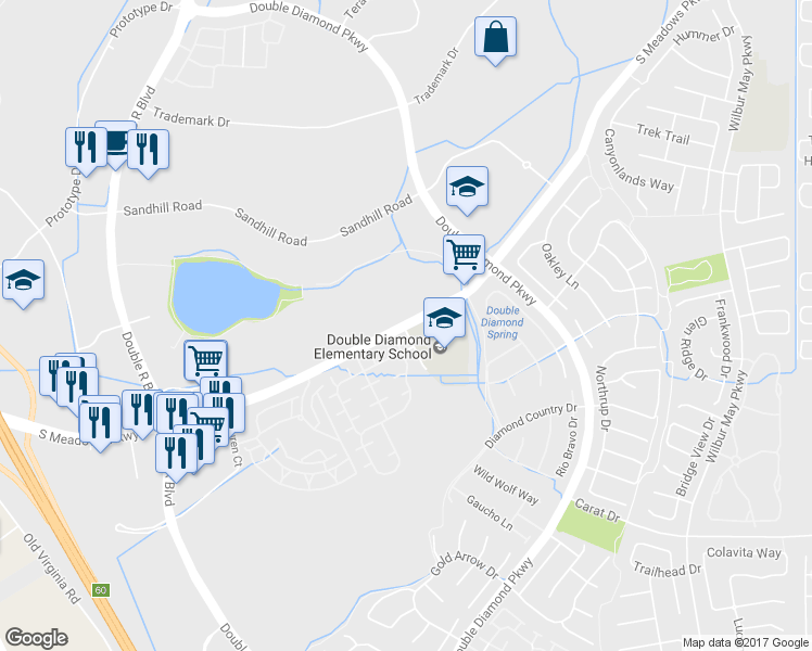 map of restaurants, bars, coffee shops, grocery stores, and more near 1208 South Meadows Parkway in Reno