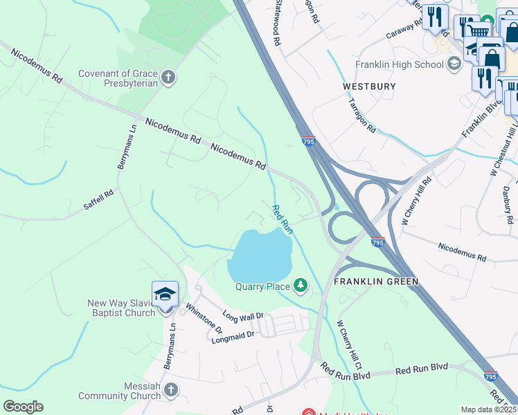 map of restaurants, bars, coffee shops, grocery stores, and more near 601 Quicksilver Court in Reisterstown