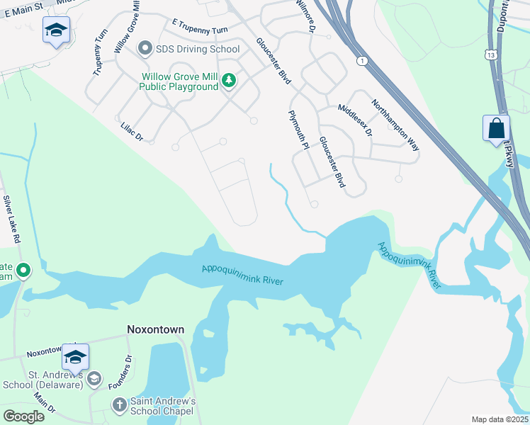 map of restaurants, bars, coffee shops, grocery stores, and more near 94 Willow Grove Mill Drive in Middletown