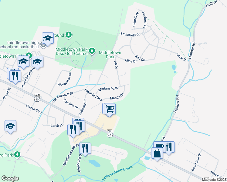 map of restaurants, bars, coffee shops, grocery stores, and more near 113 Mariam Pass in Middletown