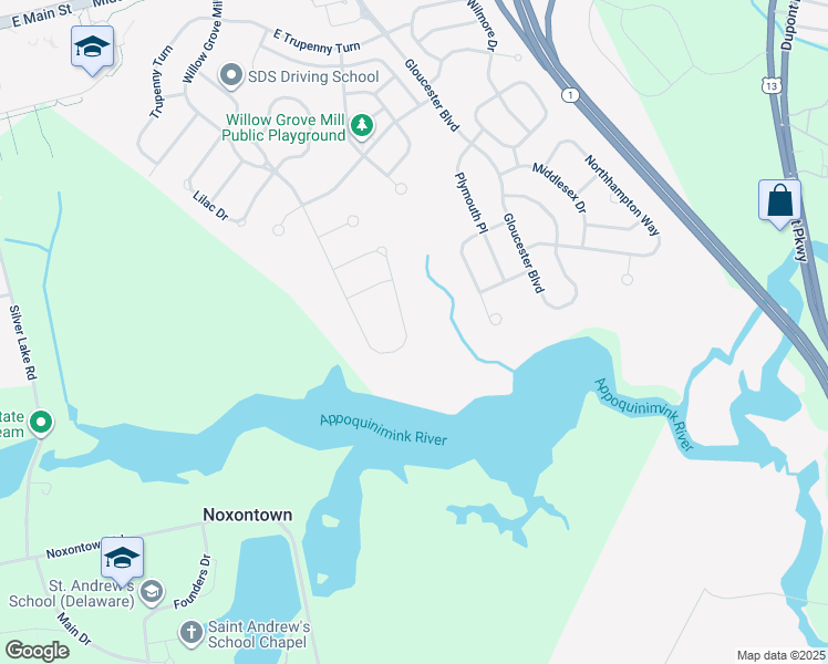 map of restaurants, bars, coffee shops, grocery stores, and more near 94 Willow Grove Mill Drive in Middletown