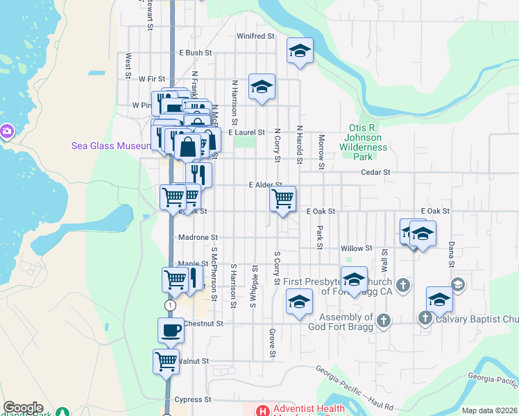 map of restaurants, bars, coffee shops, grocery stores, and more near 102 North Whipple Street in Fort Bragg