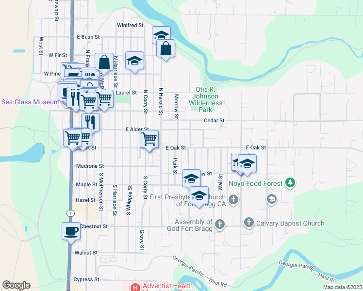 map of restaurants, bars, coffee shops, grocery stores, and more near 100 Morrow Street in Fort Bragg