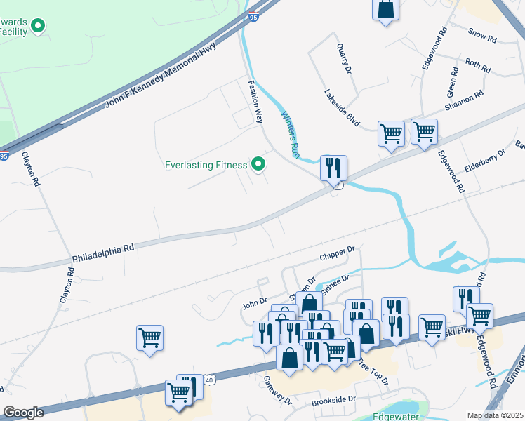 map of restaurants, bars, coffee shops, grocery stores, and more near 1710 Philadelphia Road in Joppatowne