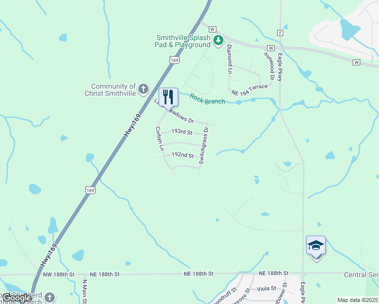 map of restaurants, bars, coffee shops, grocery stores, and more near 502 192nd Street in Smithville