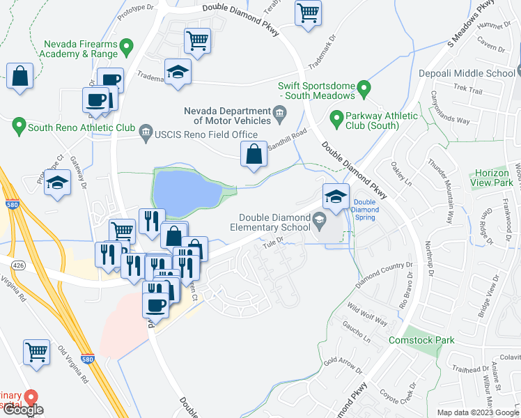 map of restaurants, bars, coffee shops, grocery stores, and more near 1205 South Meadows Parkway in Reno