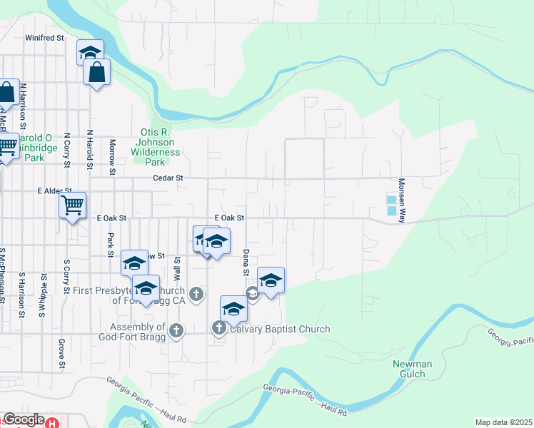 map of restaurants, bars, coffee shops, grocery stores, and more near 1441 E Oak St in Fort Bragg