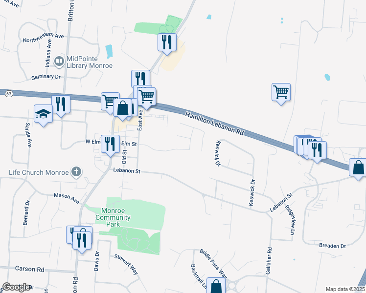 map of restaurants, bars, coffee shops, grocery stores, and more near 95 Teil Tree Court in Monroe