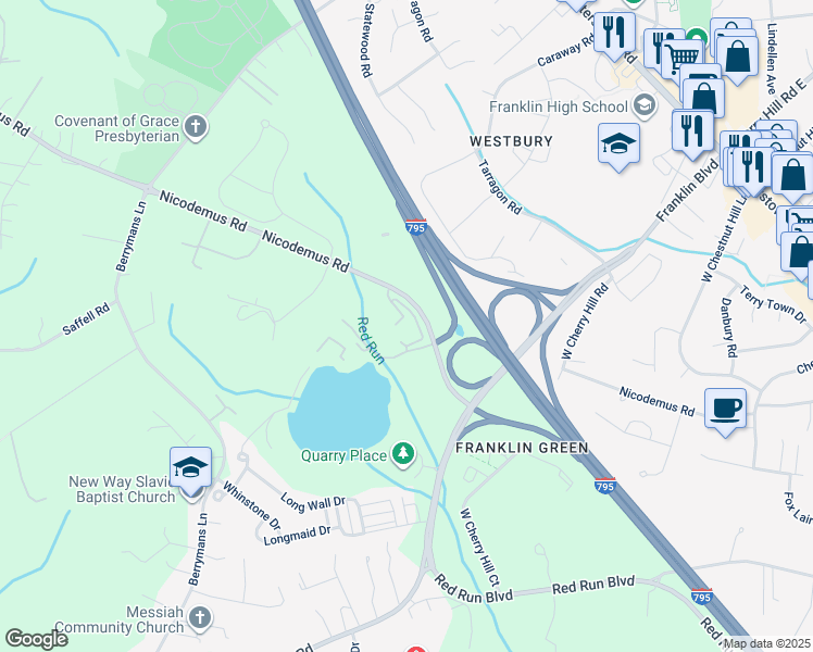map of restaurants, bars, coffee shops, grocery stores, and more near 510 Quarry View Court in Reisterstown