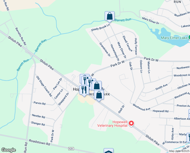 map of restaurants, bars, coffee shops, grocery stores, and more near 250 West Park Drive in Bridgeton