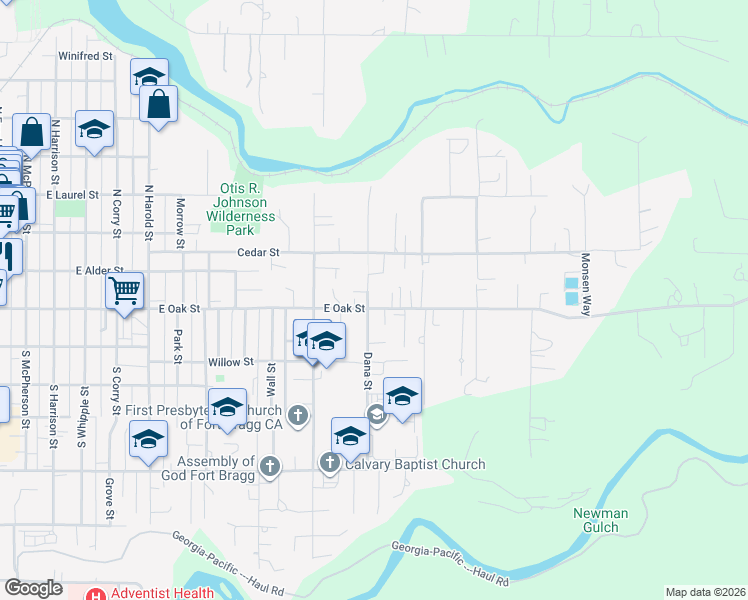 map of restaurants, bars, coffee shops, grocery stores, and more near 102 Dana Street in Fort Bragg