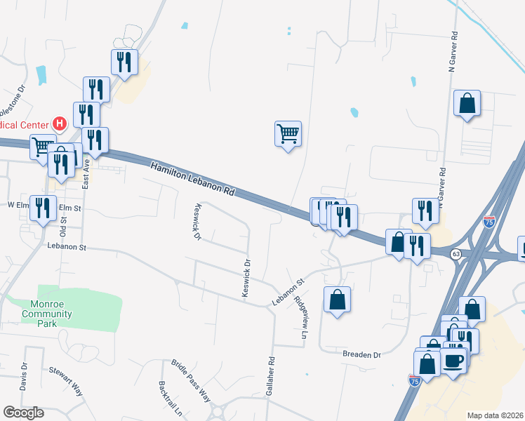 map of restaurants, bars, coffee shops, grocery stores, and more near 198 Wyndcrest Court in Monroe