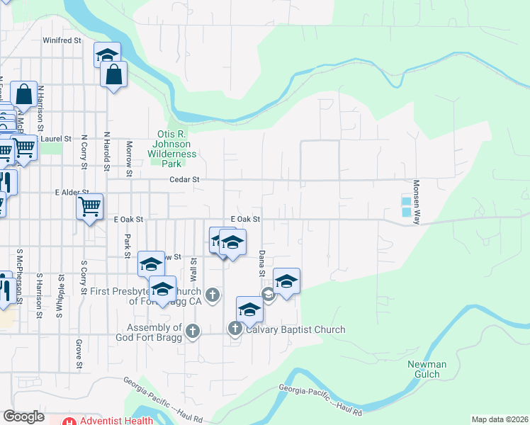 map of restaurants, bars, coffee shops, grocery stores, and more near 102 Dana Street in Fort Bragg