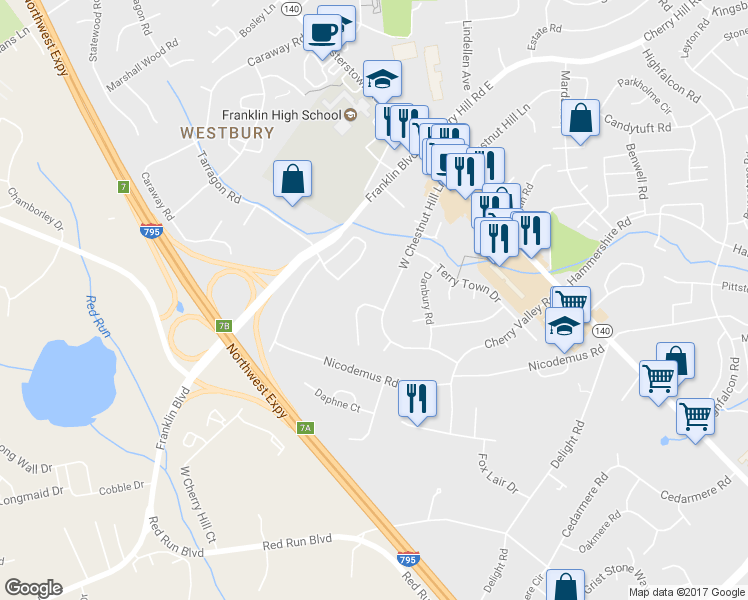 map of restaurants, bars, coffee shops, grocery stores, and more near 11803 Presgraves Road in Reisterstown