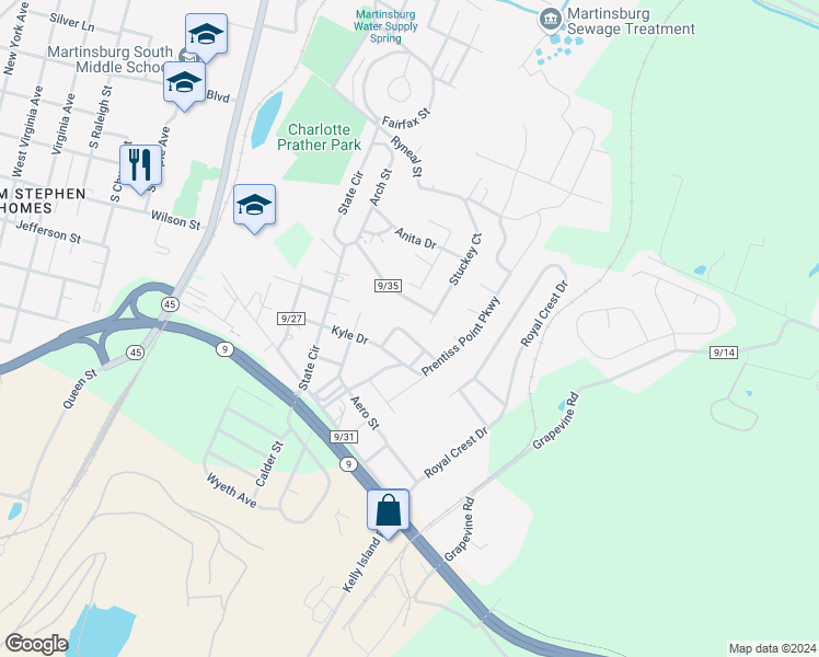 map of restaurants, bars, coffee shops, grocery stores, and more near 824 Marquette Drive in Martinsburg