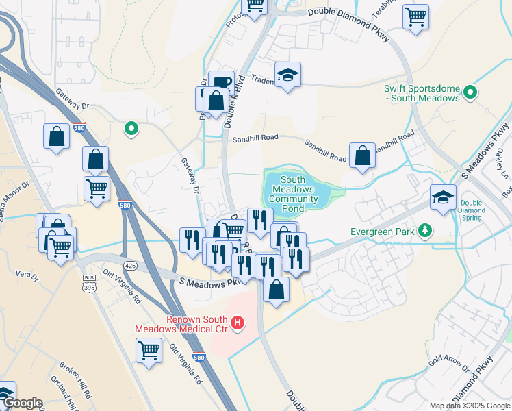 map of restaurants, bars, coffee shops, grocery stores, and more near 9870 Double R Boulevard in Reno