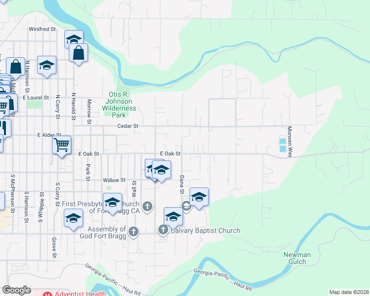 map of restaurants, bars, coffee shops, grocery stores, and more near 104 Dana Street in Fort Bragg