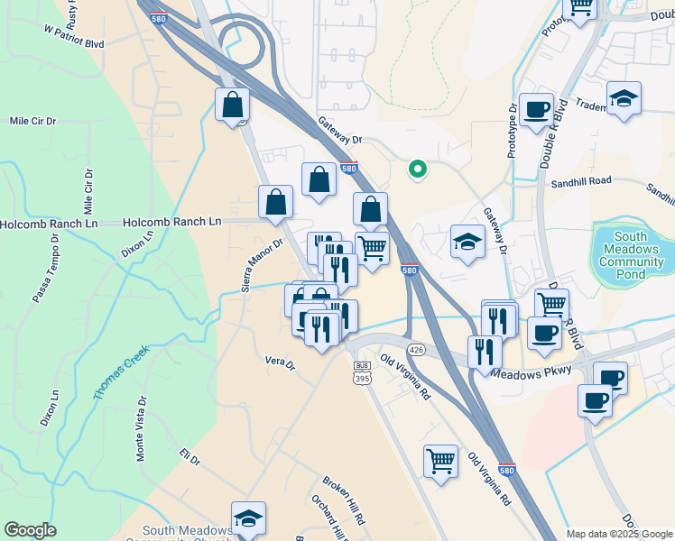 map of restaurants, bars, coffee shops, grocery stores, and more near South Meadows Marketplace Drive in Reno