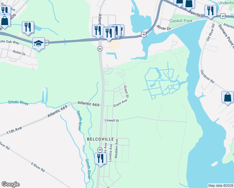 map of restaurants, bars, coffee shops, grocery stores, and more near 923 Blake Drive in Atlantic County