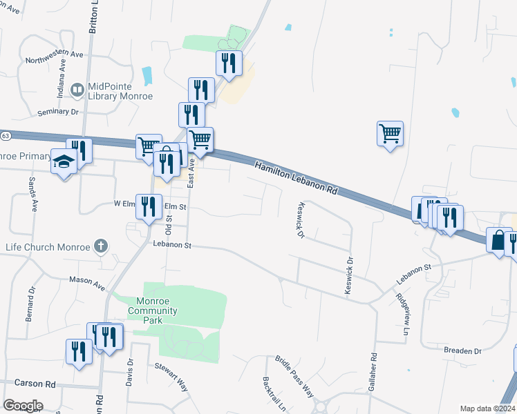 map of restaurants, bars, coffee shops, grocery stores, and more near 250 Easton Manor Drive in Monroe