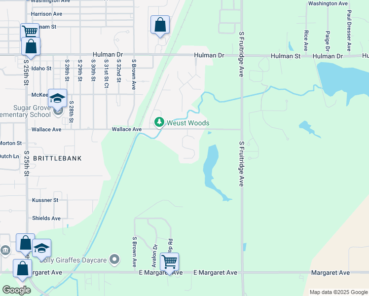 map of restaurants, bars, coffee shops, grocery stores, and more near Cottage Court in Terre Haute