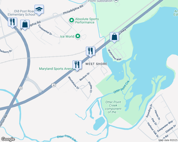 map of restaurants, bars, coffee shops, grocery stores, and more near 2804 Beckon Drive in Edgewood