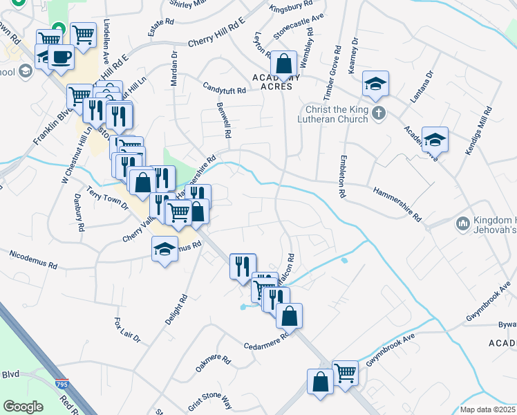 map of restaurants, bars, coffee shops, grocery stores, and more near 62 Shropshire Court in Reisterstown
