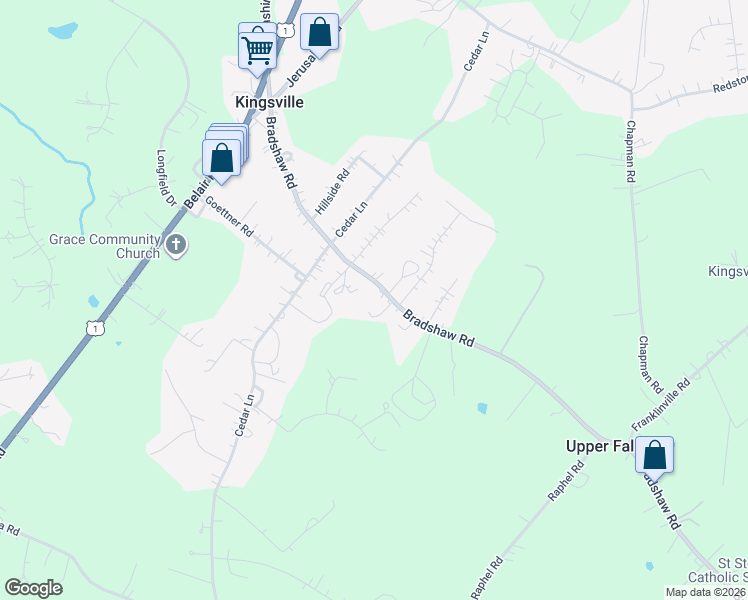 map of restaurants, bars, coffee shops, grocery stores, and more near 7525 Bradshaw Road in Kingsville