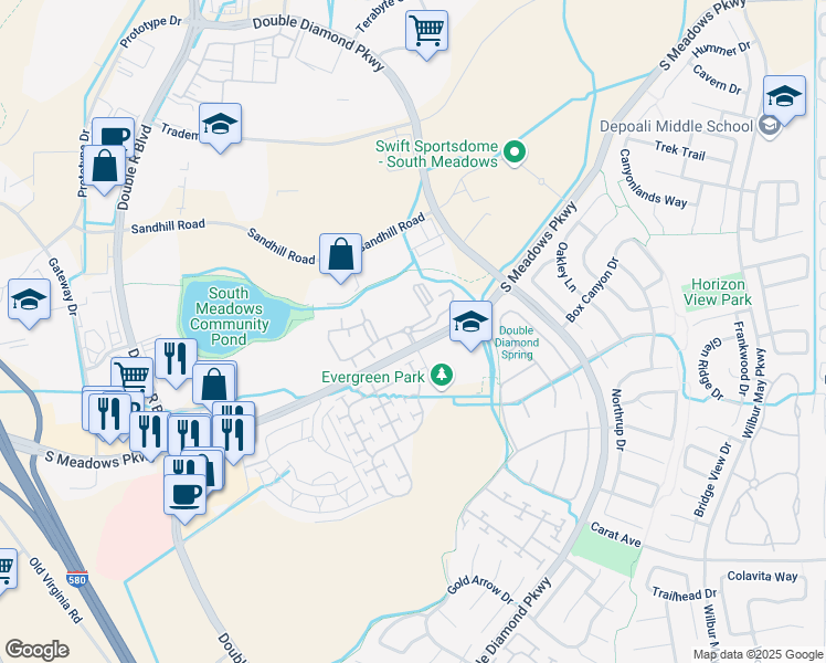map of restaurants, bars, coffee shops, grocery stores, and more near 1208 South Meadows Parkway in Reno