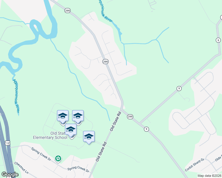 map of restaurants, bars, coffee shops, grocery stores, and more near 207 Appoquin Drive South in Middletown