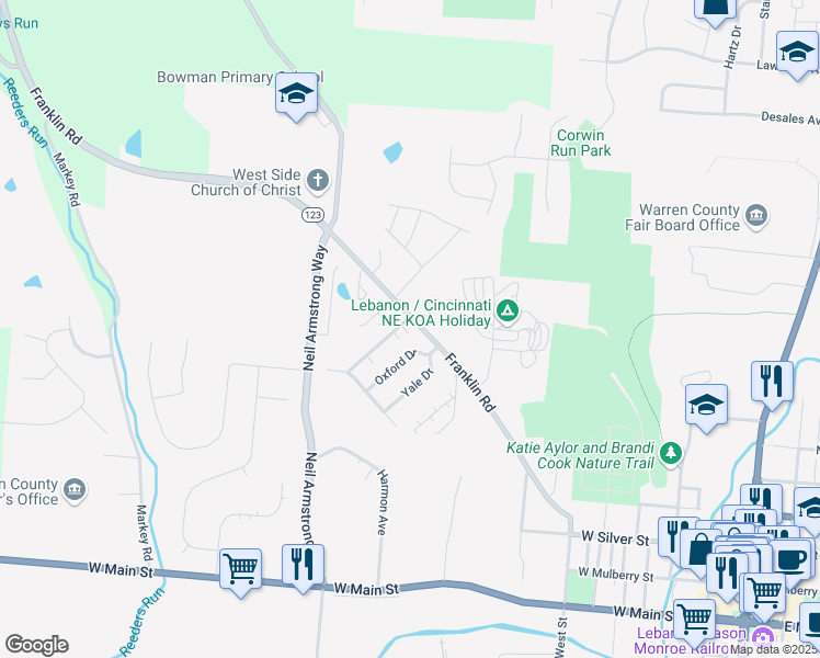 map of restaurants, bars, coffee shops, grocery stores, and more near 851 Franklin Road in Lebanon