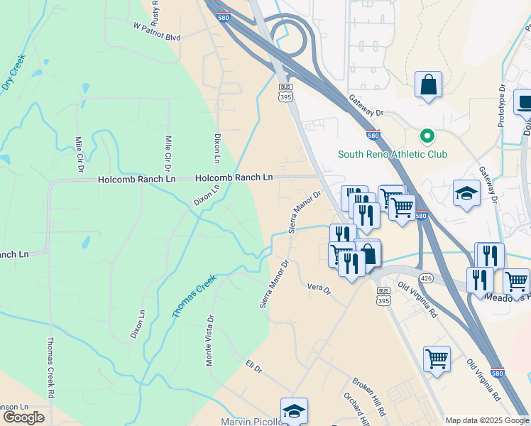 map of restaurants, bars, coffee shops, grocery stores, and more near 455 Paisano Court in Reno