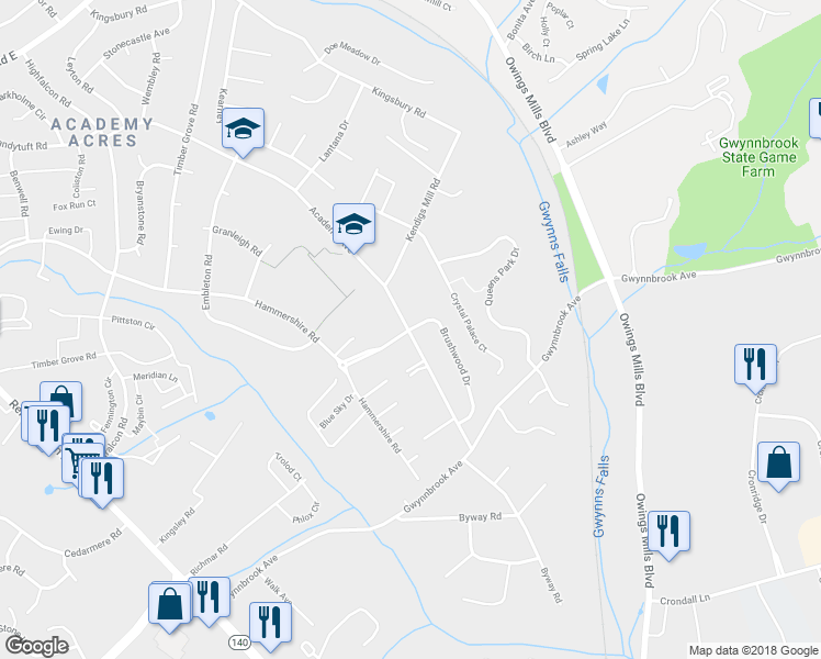 map of restaurants, bars, coffee shops, grocery stores, and more near 203 Brushwood Drive in Owings Mills