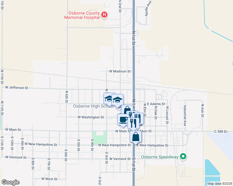 map of restaurants, bars, coffee shops, grocery stores, and more near 201-249 W Jefferson St in Osborne