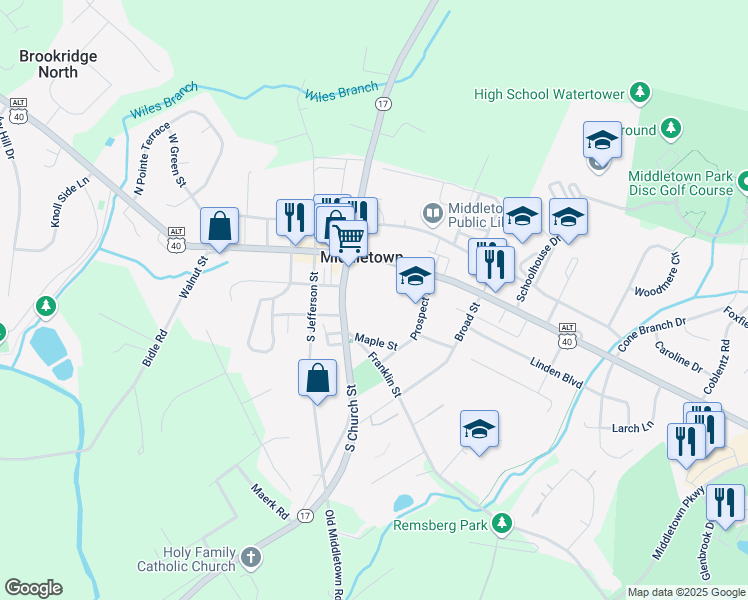 map of restaurants, bars, coffee shops, grocery stores, and more near 24 W Main St in Middletown