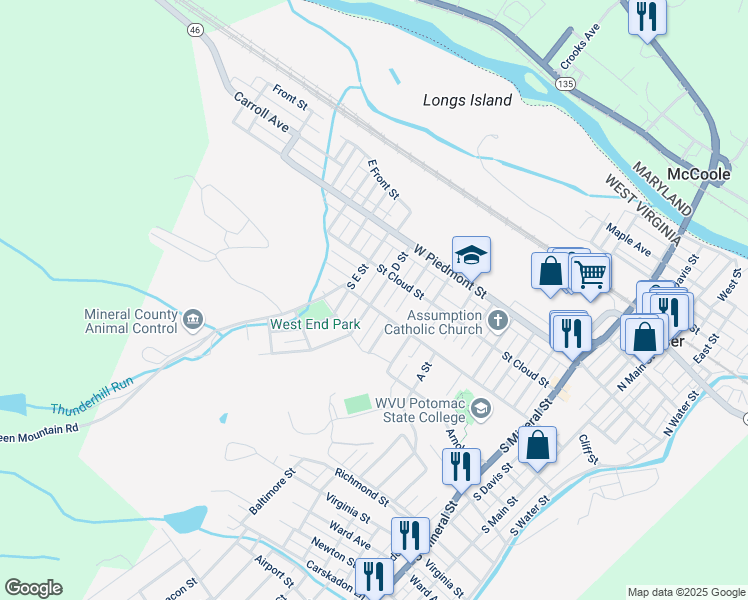 map of restaurants, bars, coffee shops, grocery stores, and more near 85 D Street in Keyser