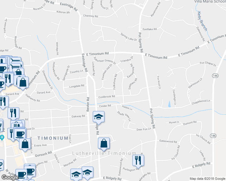 map of restaurants, bars, coffee shops, grocery stores, and more near 2104 Folkstone Road in Lutherville-Timonium