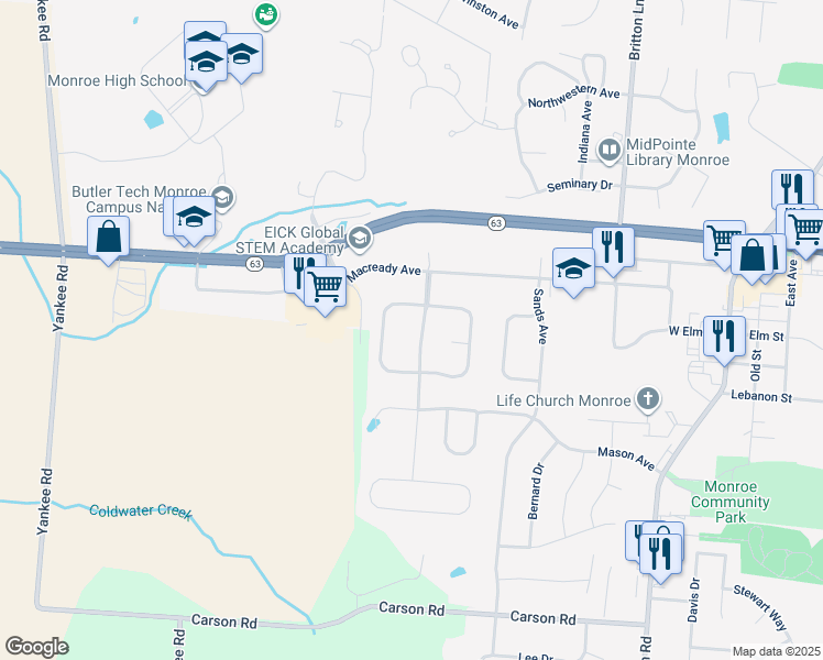 map of restaurants, bars, coffee shops, grocery stores, and more near 513 Wyandot Woods Boulevard in Monroe
