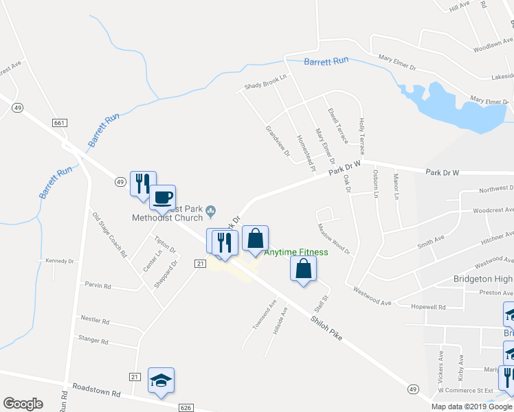 map of restaurants, bars, coffee shops, grocery stores, and more near 250 West Park Drive in Bridgeton