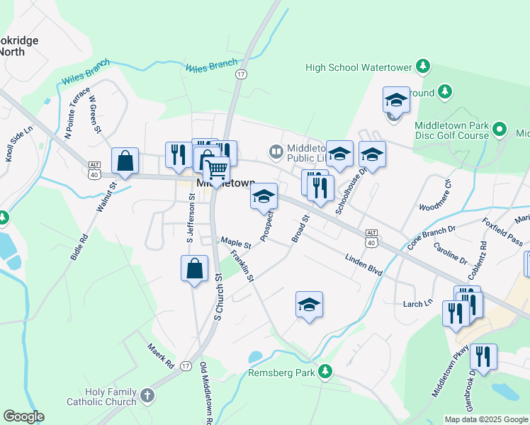 map of restaurants, bars, coffee shops, grocery stores, and more near 101 Prospect Street in Middletown