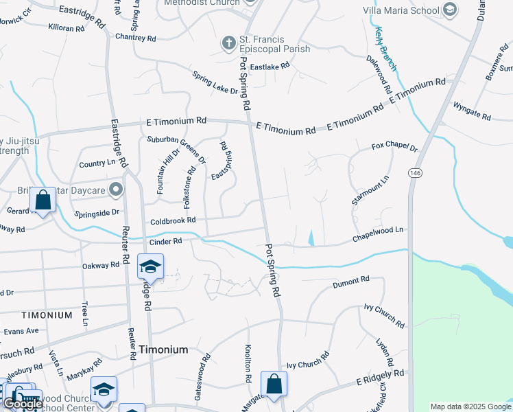 map of restaurants, bars, coffee shops, grocery stores, and more near 2104 Pot Spring Road in Lutherville-Timonium