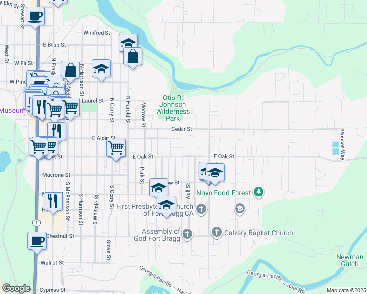 map of restaurants, bars, coffee shops, grocery stores, and more near 131 Halsey Way in Fort Bragg