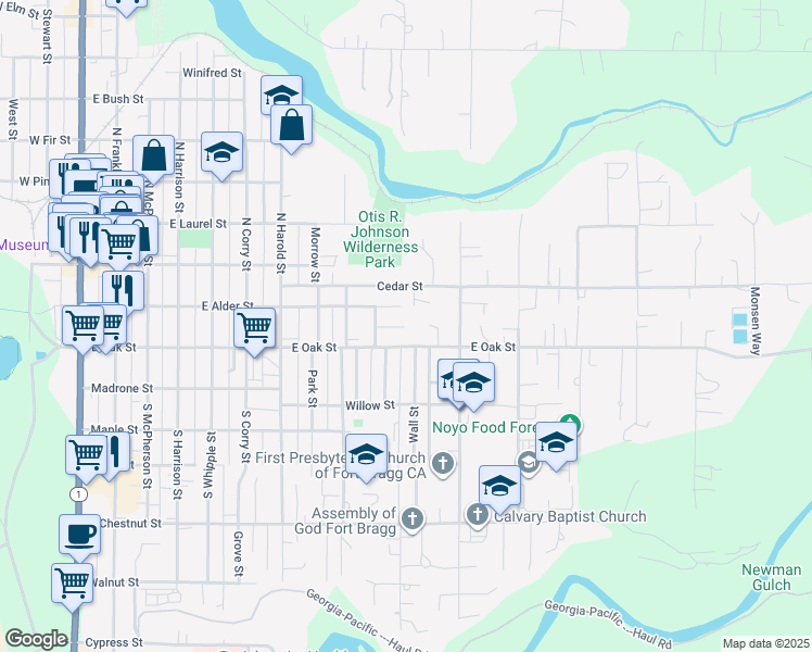 map of restaurants, bars, coffee shops, grocery stores, and more near 131 Halsey Way in Fort Bragg