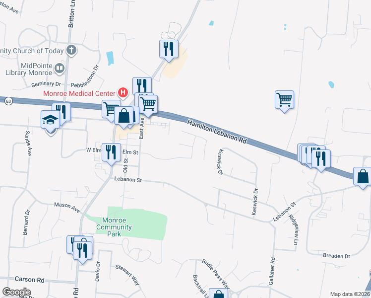map of restaurants, bars, coffee shops, grocery stores, and more near 95 Teil Tree Court in Monroe