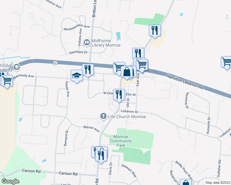 map of restaurants, bars, coffee shops, grocery stores, and more near 24 West Elm Street in Monroe