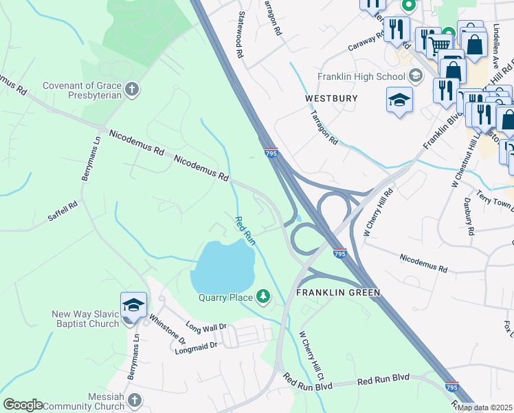 map of restaurants, bars, coffee shops, grocery stores, and more near 601 Quicksilver Court in Reisterstown