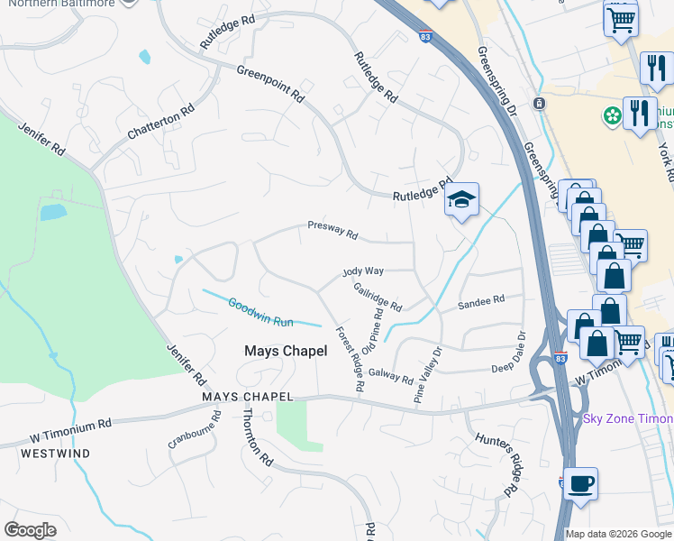 map of restaurants, bars, coffee shops, grocery stores, and more near 322 Jody Way in Lutherville-Timonium