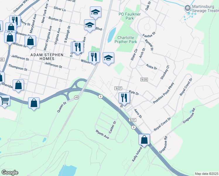 map of restaurants, bars, coffee shops, grocery stores, and more near 14 Place Drive in Martinsburg