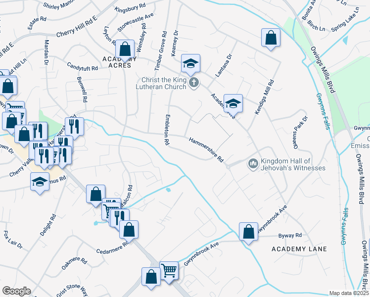 map of restaurants, bars, coffee shops, grocery stores, and more near 121 Embleton Road in Owings Mills