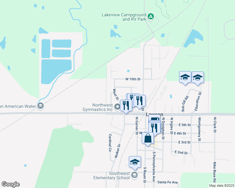 map of restaurants, bars, coffee shops, grocery stores, and more near 824 North West Street in Lawson